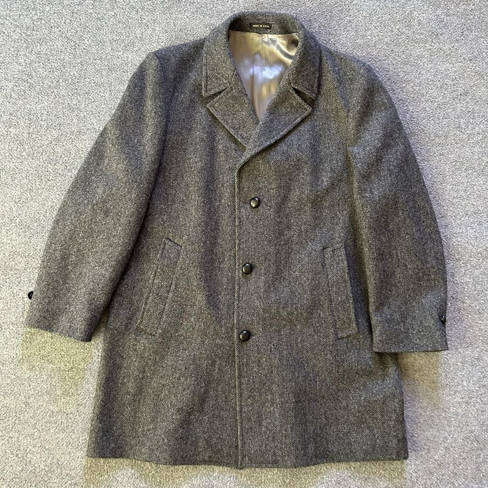 Casualcraft Coat Mens 44 Gray Wool Herringbone Tweed Overcoat Made USA
